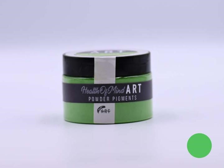 Lime Green Pearlescent Mica Powder for Epoxy Resin in container with wooden background