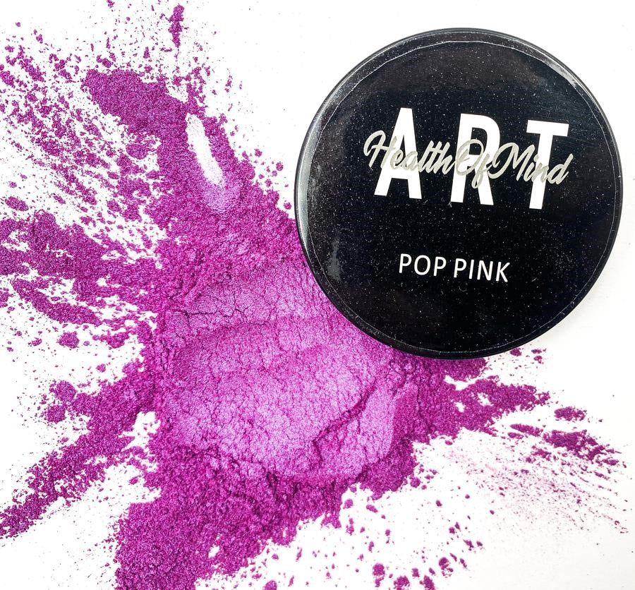 Pink pearlescent mica powder for epoxy resin in Health of Mind Art Pop packaging