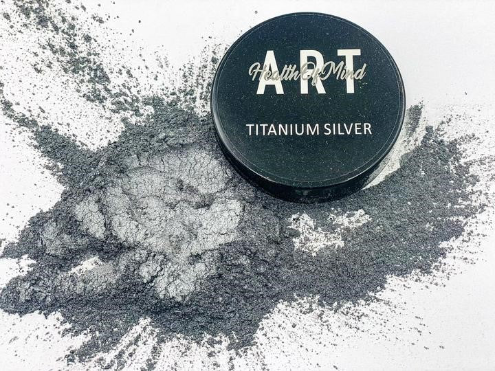 Health of Mind Art Titanium Silver 50g Pearlescent Pigment Mica Powder for Epoxy Resin - Silver shimmering powder in a jar