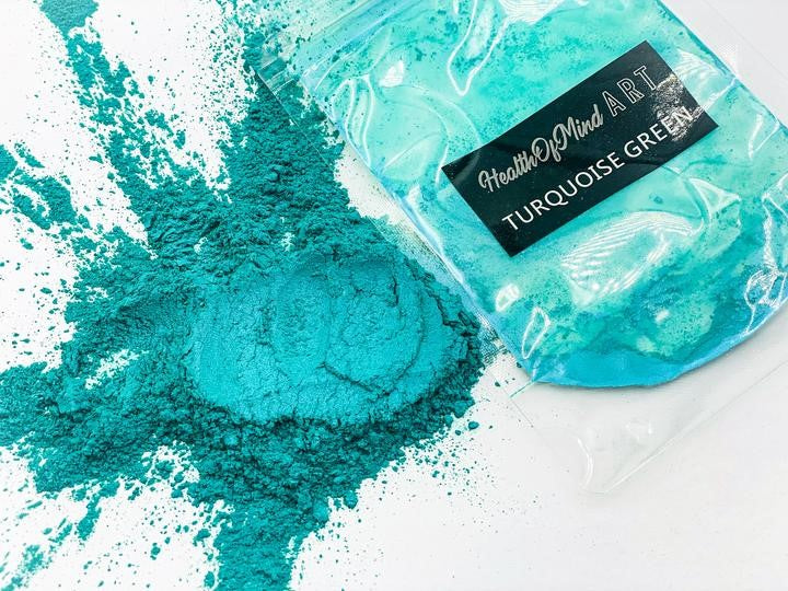 Health of Mind Art Turquoise Green 50g Pearlescent Mica Powder in Epoxy Resin container