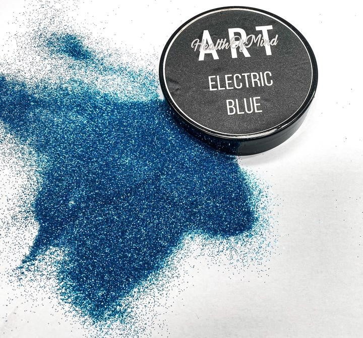 Electric Blue 50g metallic glitter powder for epoxy resin displayed in a vibrant image