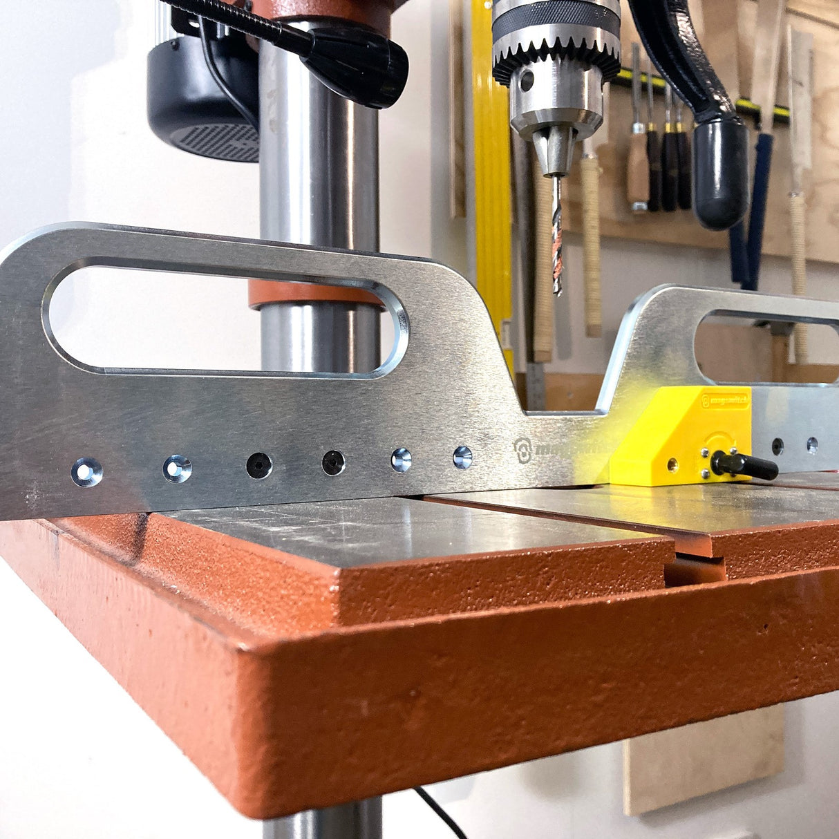 Magswitch Drill Press Fence Pro Steel Magnetic 533x109mm side view with Australian designer Andrew Klein's quote