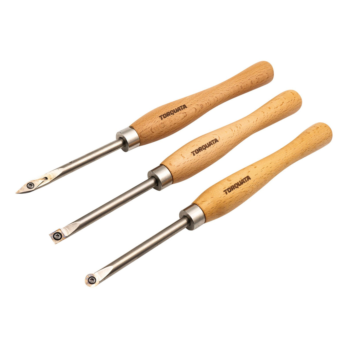 Torquata Tungsten Carbide Mini Length Wood Turning Tool Set of 3, angled view showing detailed carbide tips