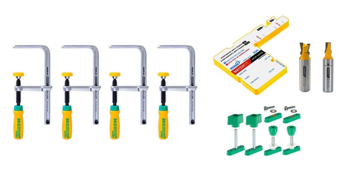 MicroJig MatchFit Dovetail Track Clamp Pro Set of Four Clamps and Accessories in workshop setting