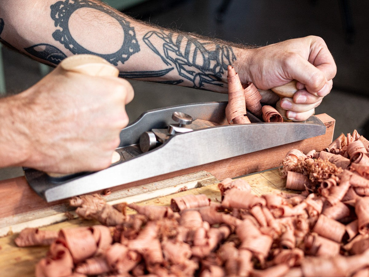 Melbourne Tool Company Low Angle Jack Hand Plane in action, ideal for woodworking enthusiasts