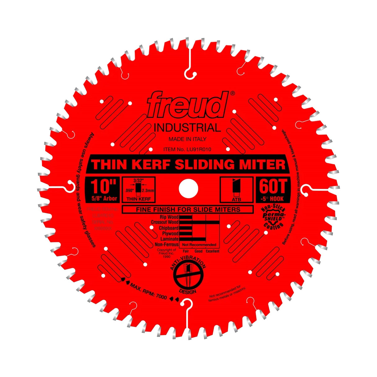 Freud 10in 60 Teeth Thin Kerf Compound Mitre Saw Blade for fine finish cuts on sliding compound mitre saws