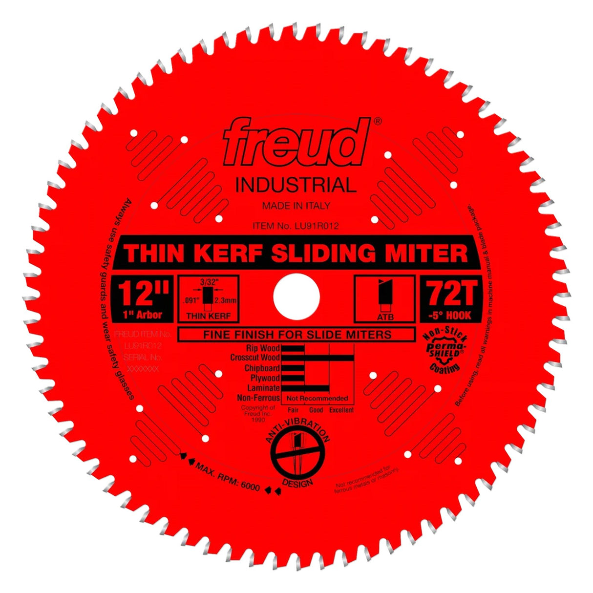 Freud 12in 72 Teeth Thin Kerf Sliding Compound Mitre Saw Blade - Superior finish cut for sliding compound mitre saws