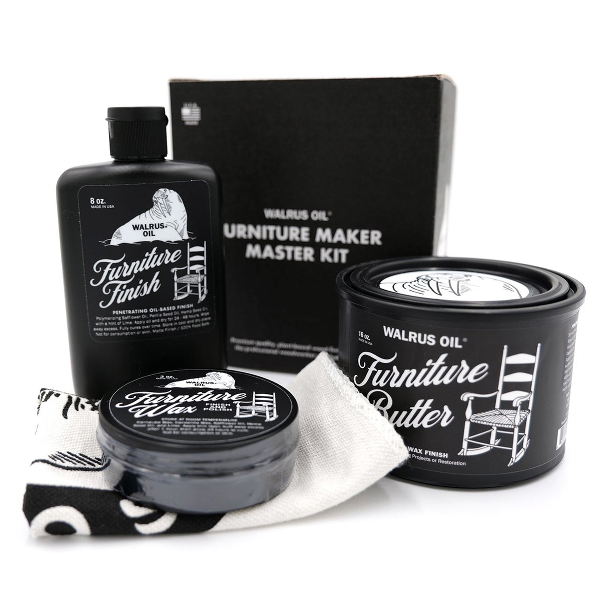 Walrus Oil Furniture Maker Master Kit with all finishes and buffing rag in collectible box, perfect gift for woodworkers