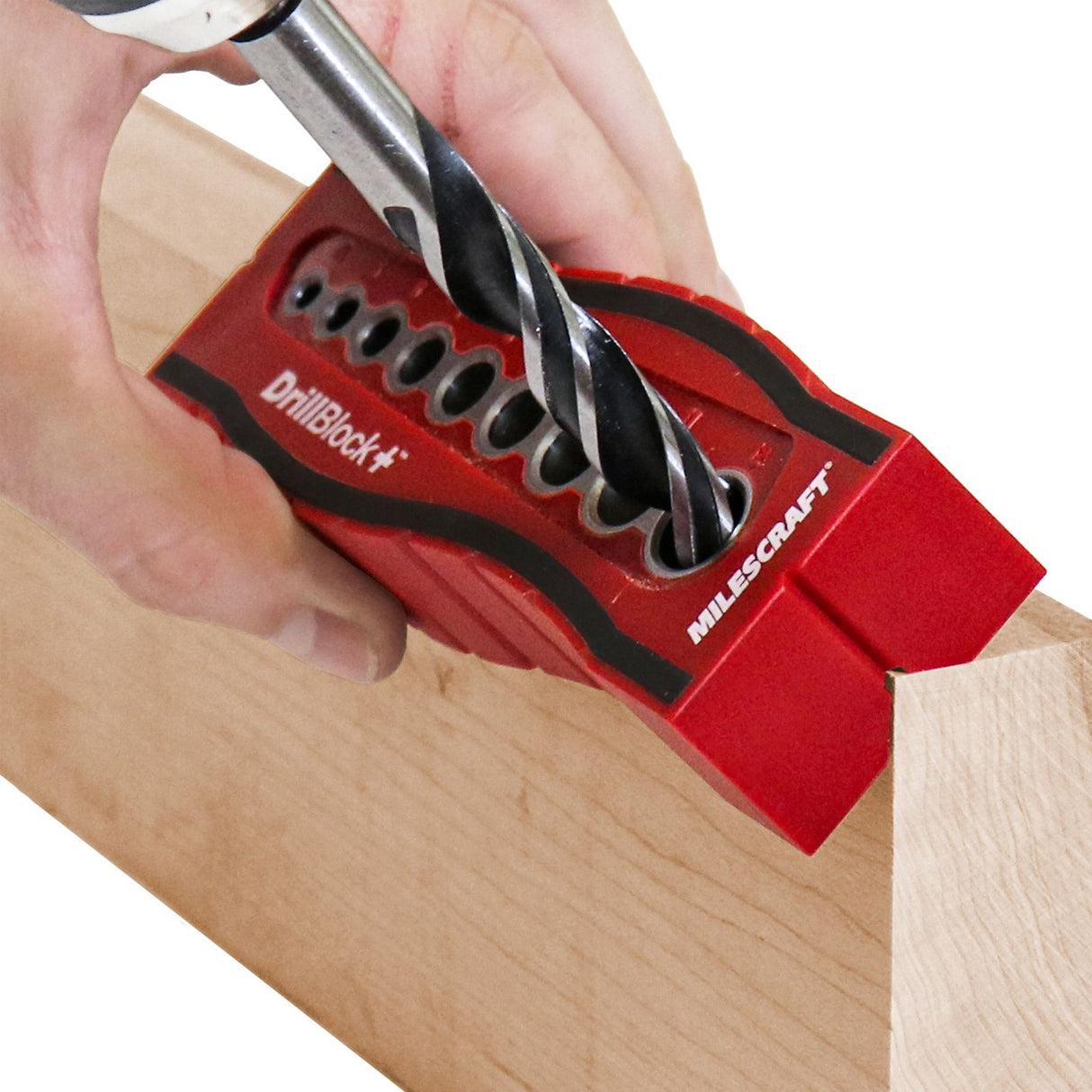 Milescraft Drill Block Plus handheld drilling jig with 9 guide holes on white background