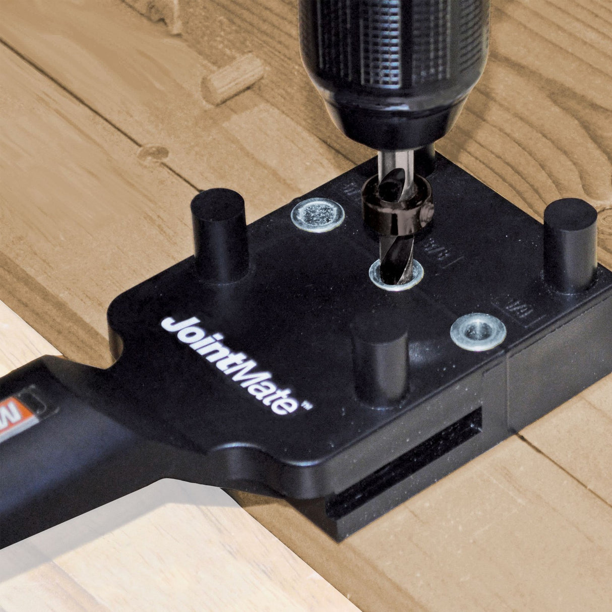 Milescraft Dowelling Jig Kit Metric Dowel Set in use on woodworking project