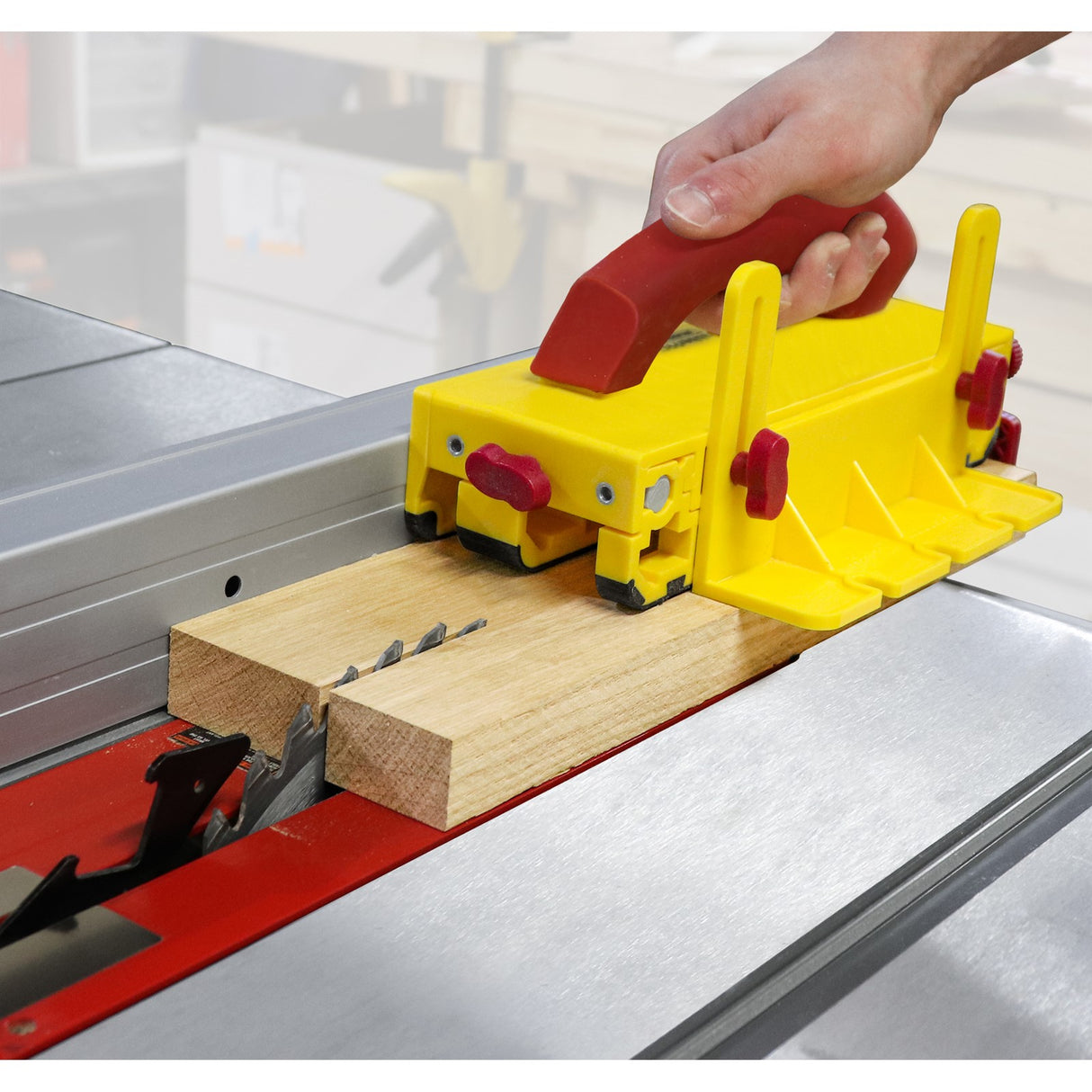 Milescraft GrabberPRO Push Block on table saw with customisable design