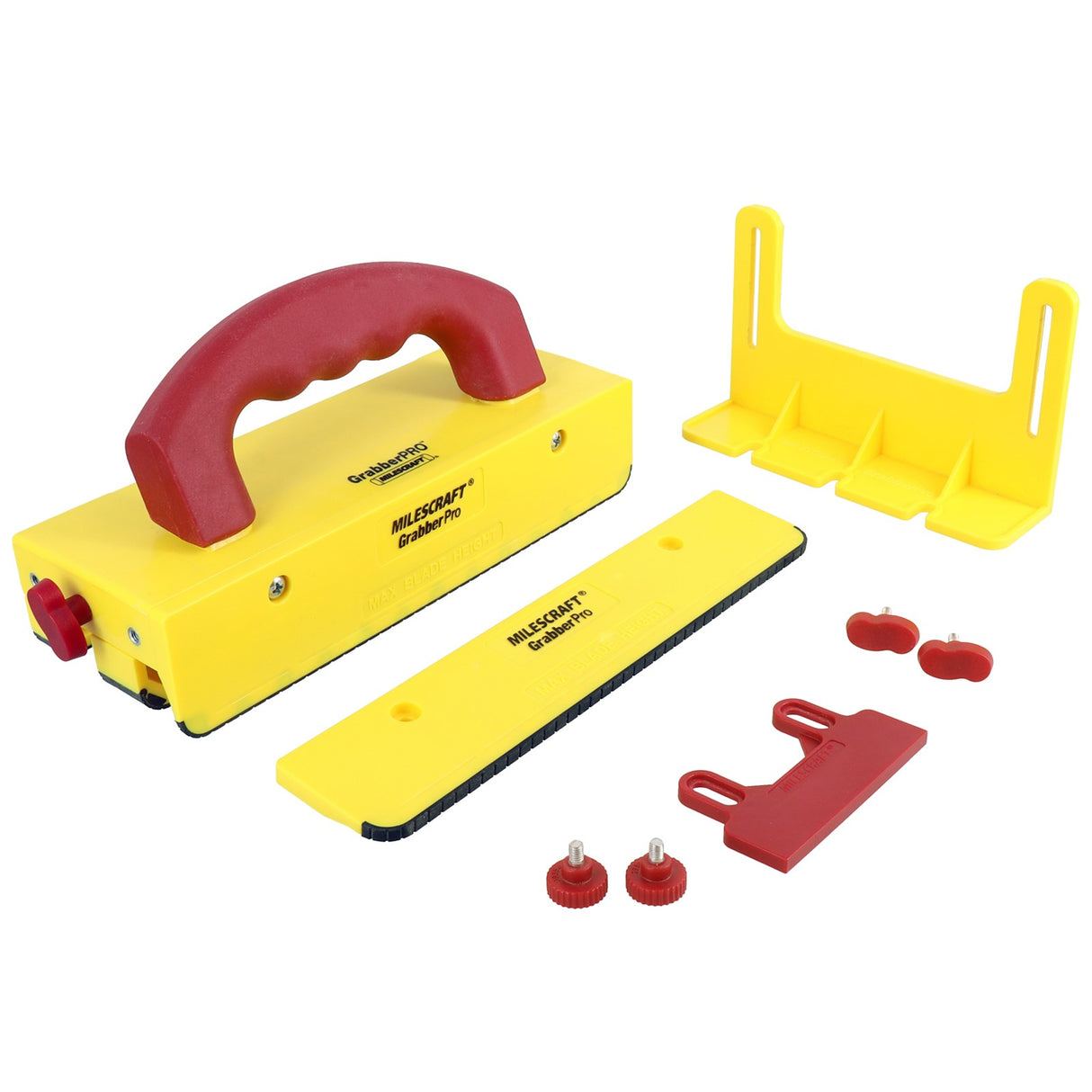 Adjustable push block for woodworking tools on table saw, router table, jointer. Milescraft GrabberPRO for precision and safety