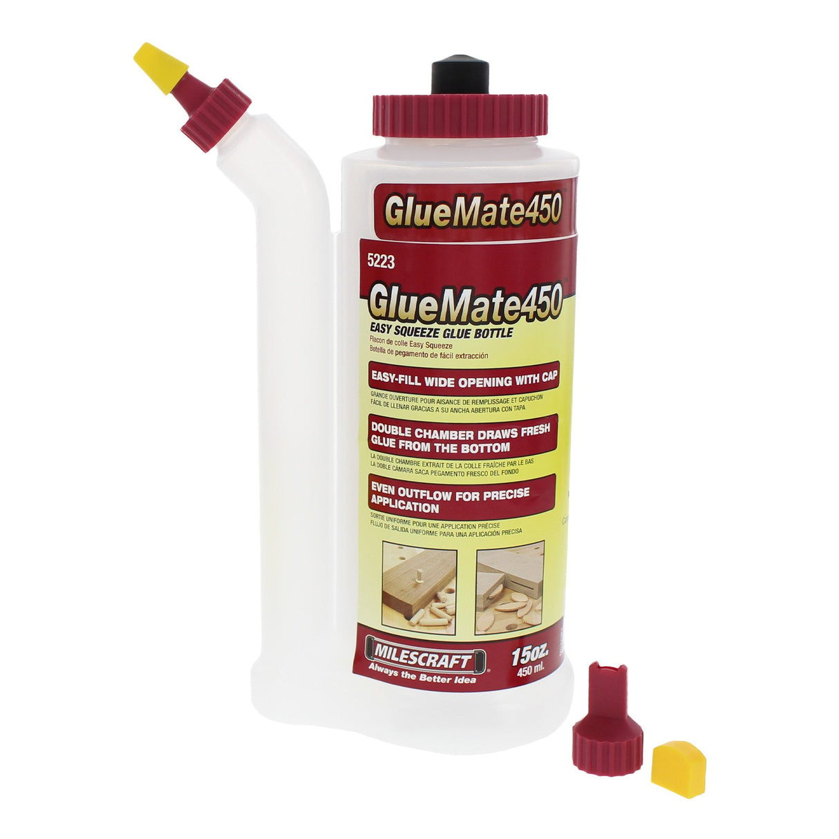 Milescraft GlueMate450 Glue Pot Dispenser showing easy-squeeze design and double chamber for precise glue application