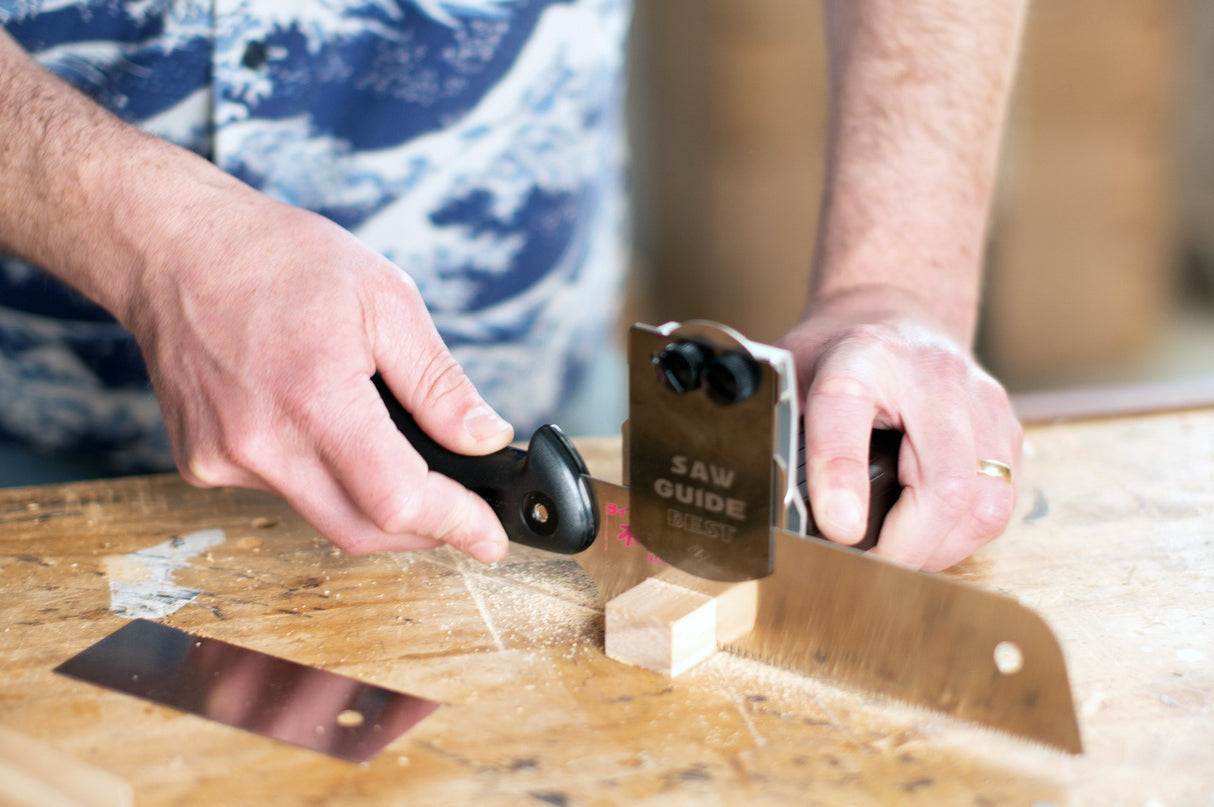 Zetsaw Japanese BEST Hand Saw Guide Set in use for precise 45-degree angled cuts