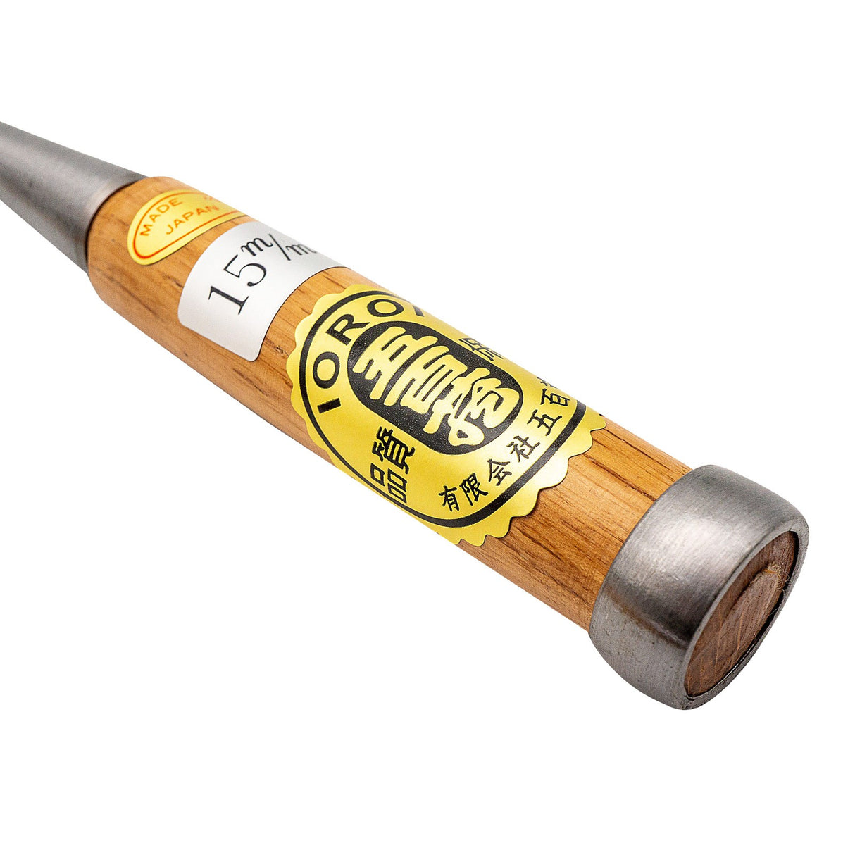 Ioroi 21mm Japanese Umeki Oire Nomi Chisel with Red Oak Handle, showing forge-welded blade and hardwood handle