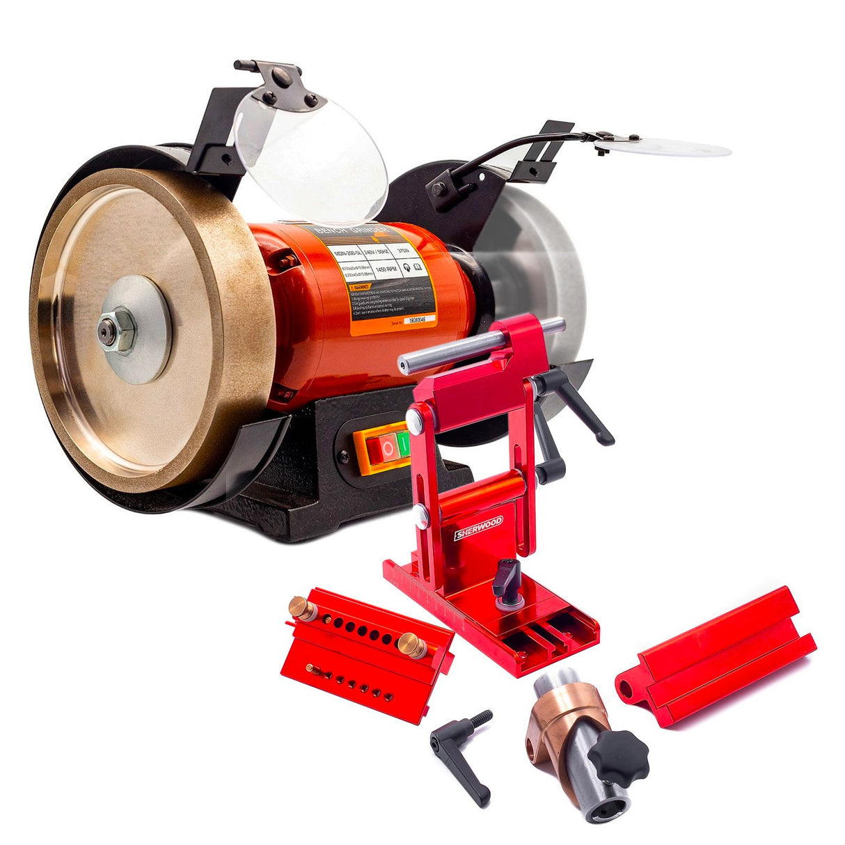 Sherwood 8in Slow Speed CBN Wheel Bench Grinder with HeliGrind Set on display in workshop