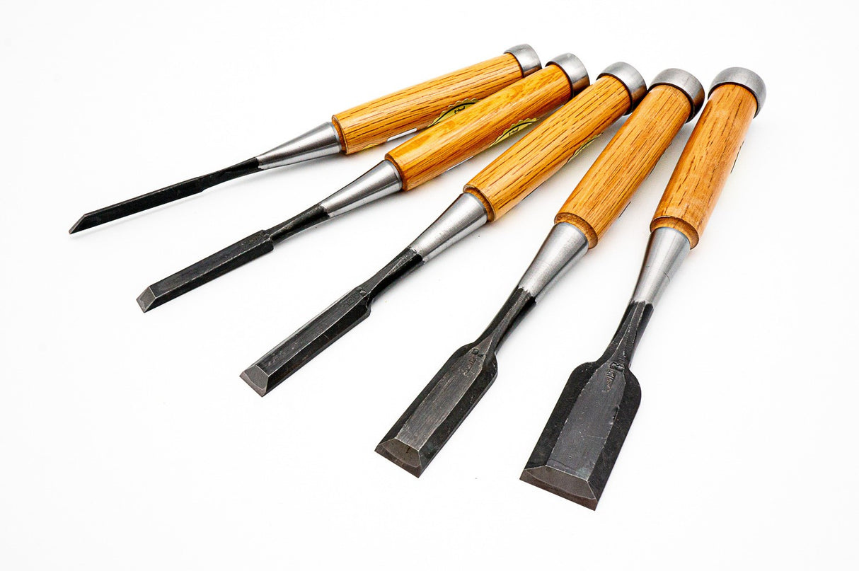 Ioroi Makers Set of 5 Oire Nomi Japanese Chisels for Wood Joinery, showing high-quality forge welded blade and hardwood handles