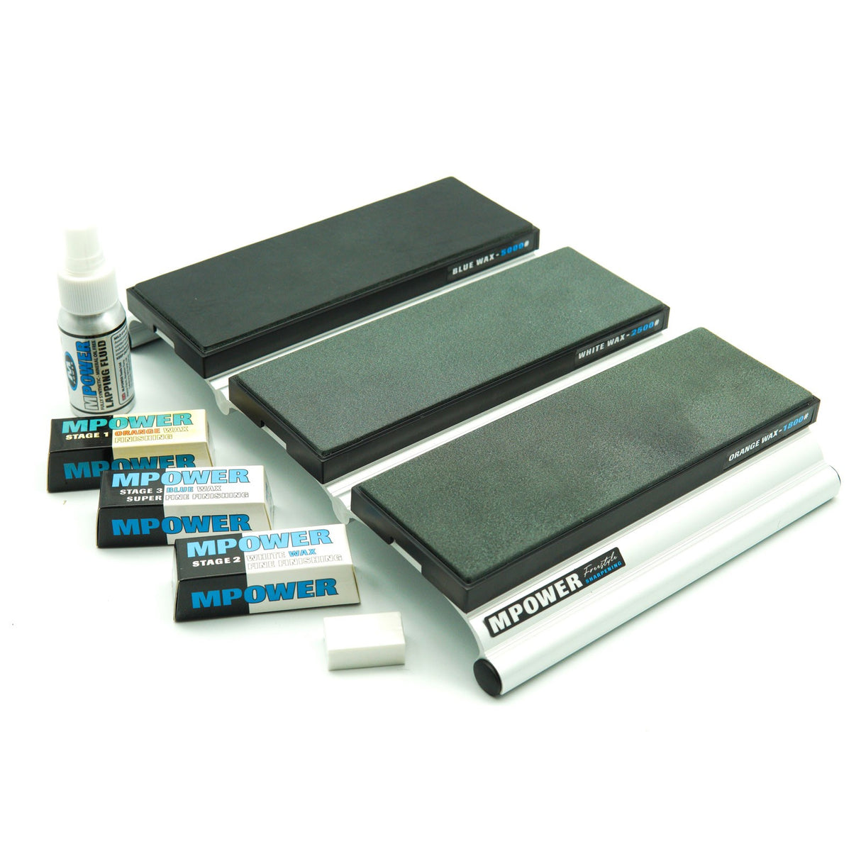 MPOWER Triple Diamond Sharpening Stone Station with Strops, complete sharpening package on wooden workbench