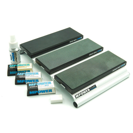 MPOWER Triple Diamond Sharpening Stone Station with Strops, complete sharpening package on wooden workbench