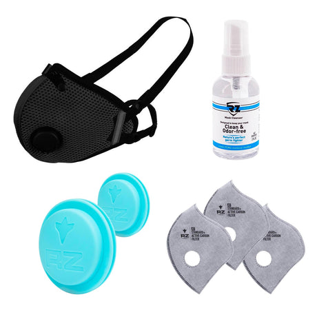 Breathable black mesh RZMask M2.5 dust face mask set with filter valves and cleanser