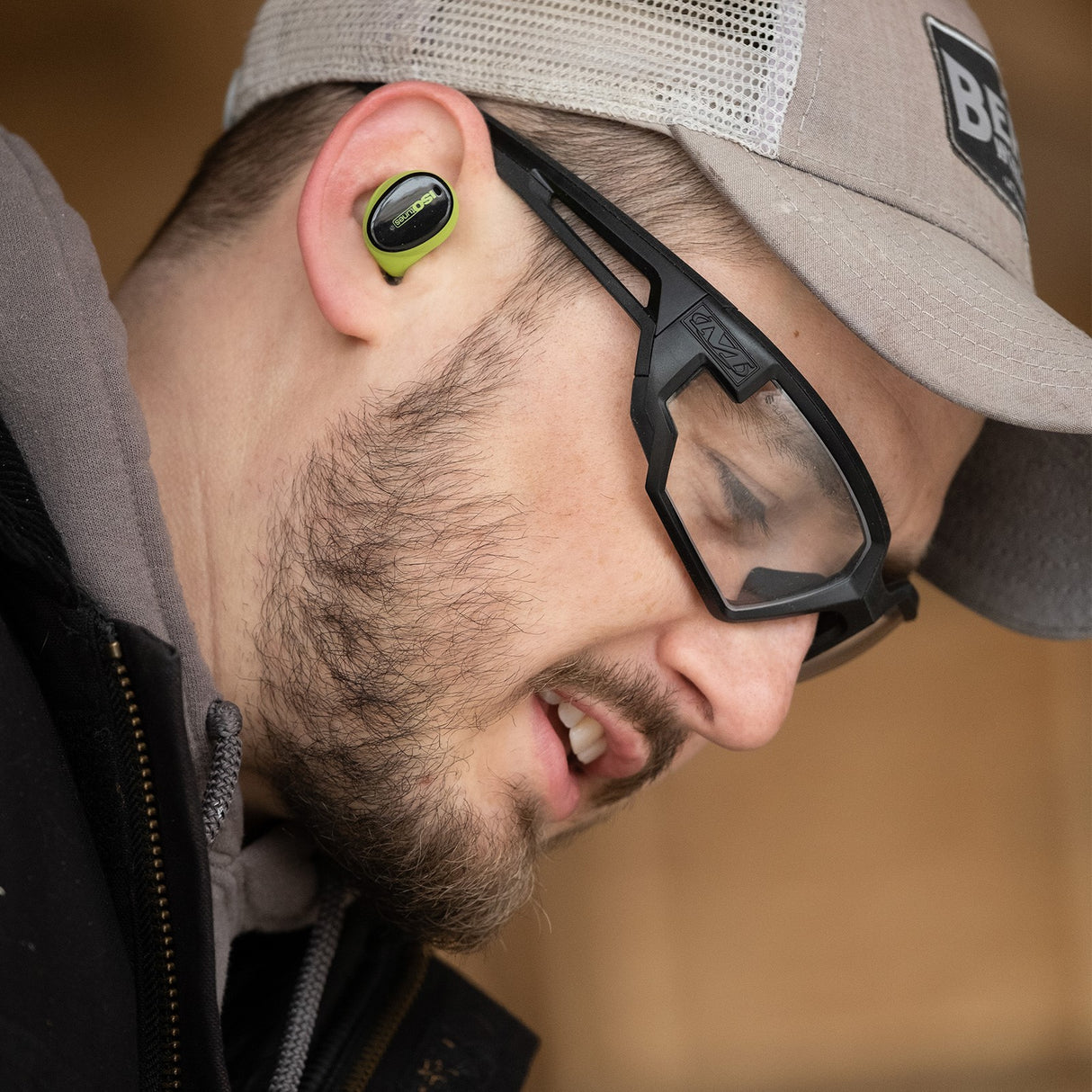 ISOtunes FREE Aware green wireless earbuds for woodworking in noisy workshops
