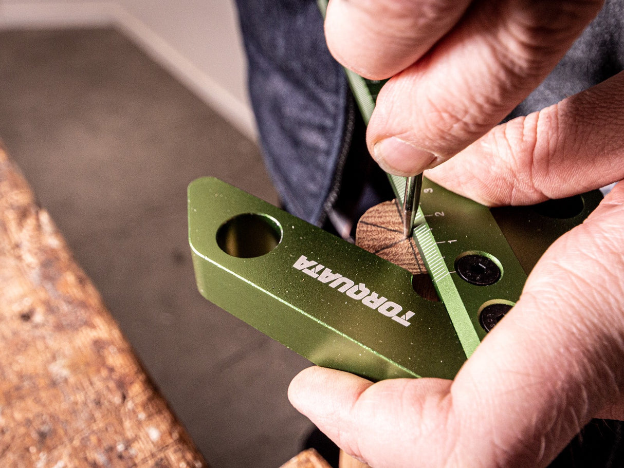 Torquata Round Stock Centre Finder Rule for precise woodworking layouts, made from durable aluminium alloy