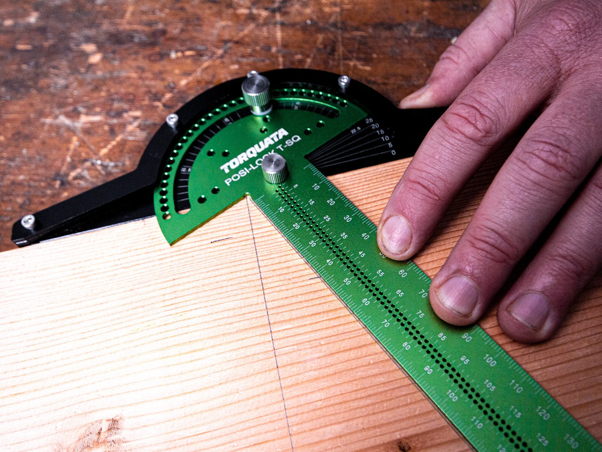 Torquata 300mm Posi-Lock T Square with Protractor in action on woodworking project