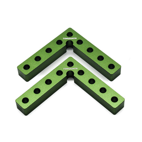Two 100mm aluminum corner clamping squares by Torquata for precise woodworking joints