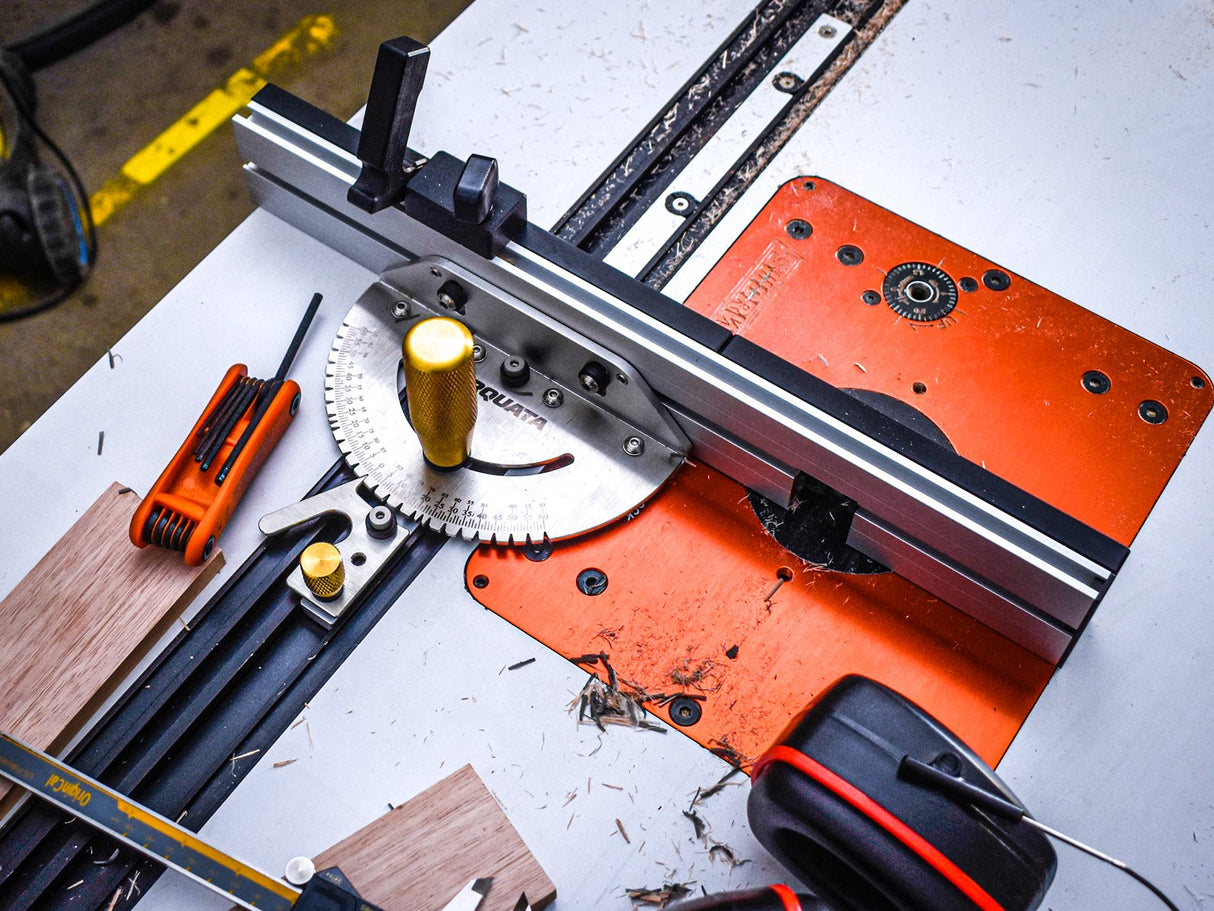 Torquata Mitre Guide with Aluminium Fence and Box Joint Accessory in use on table saw