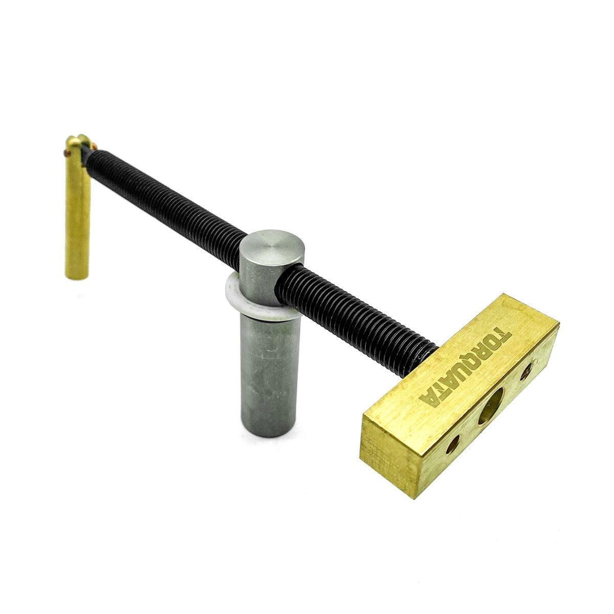 Torquata 19mm post horizontal bench dog clamp in use on woodworking bench