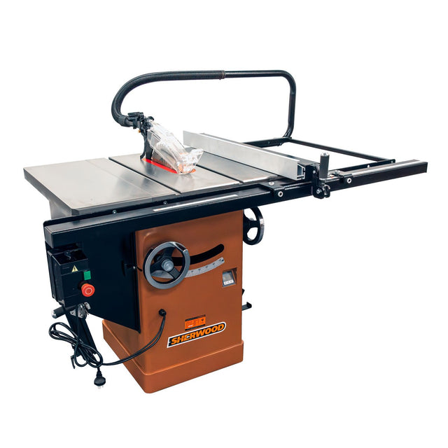 Sherwood 12in Cabinet Table Saw with 30in Fence Rails, ideal for precise wood and composite cutting tasks