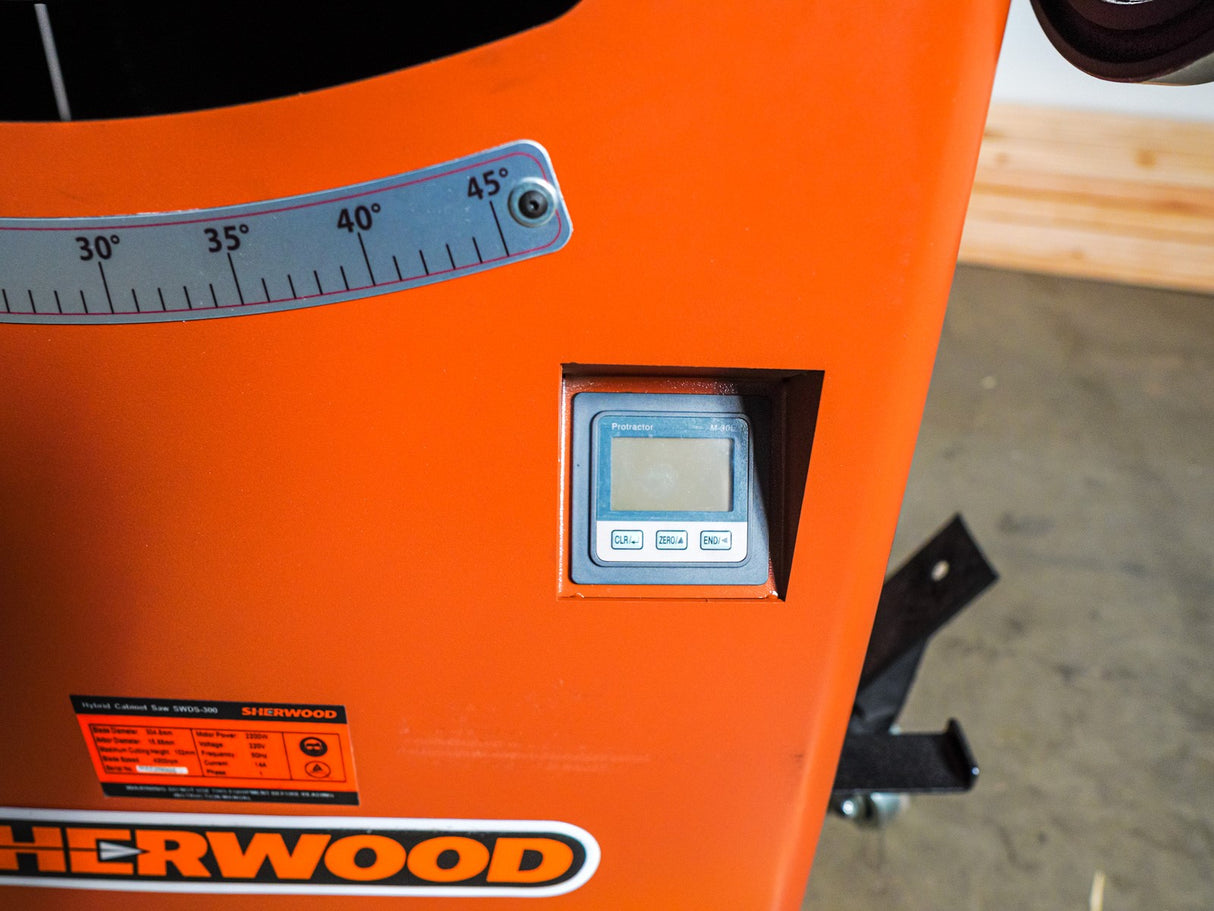 Sherwood 12in Cabinet Table Saw with 50in Fence Rails, side view showing cast iron table, ideal for deep cuts in thick wood