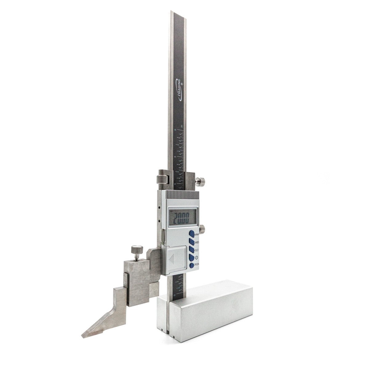 iGaging Digital Height Gauge with Adjustable Blade, magnetic base, and 152mm measuring capacity in action