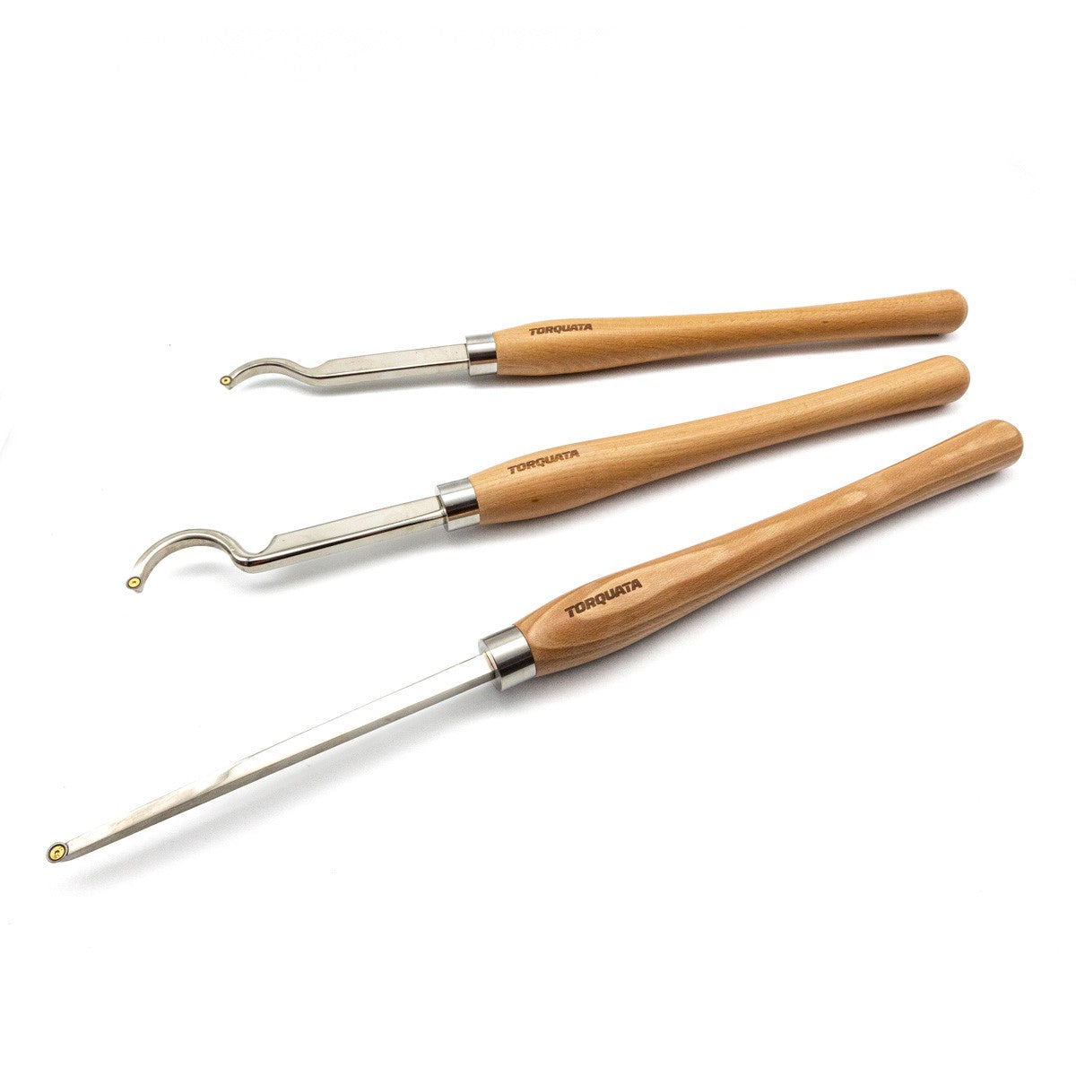 Torquata set of 3 TCT tungsten carbide hollowing tools for wood turning, including extra-long straight and narrow tool