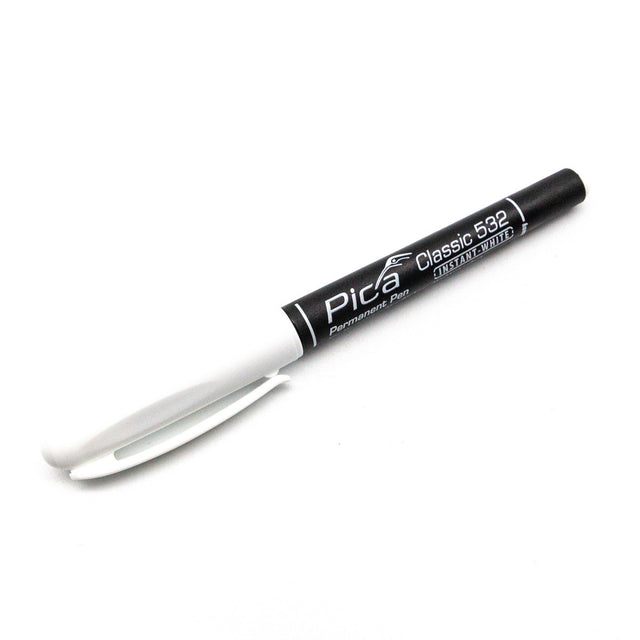 Pica Classic 532 Permanent White Pen 1-2mm Bullet Tip Water Resistant Ink on dark surface