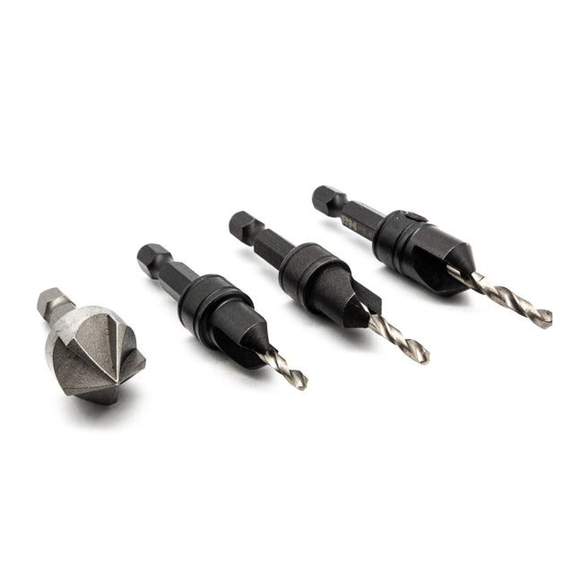P & N Quickbit Drill Countersink Set, 1/4in Hex Shank - angled view of 4-piece set in use