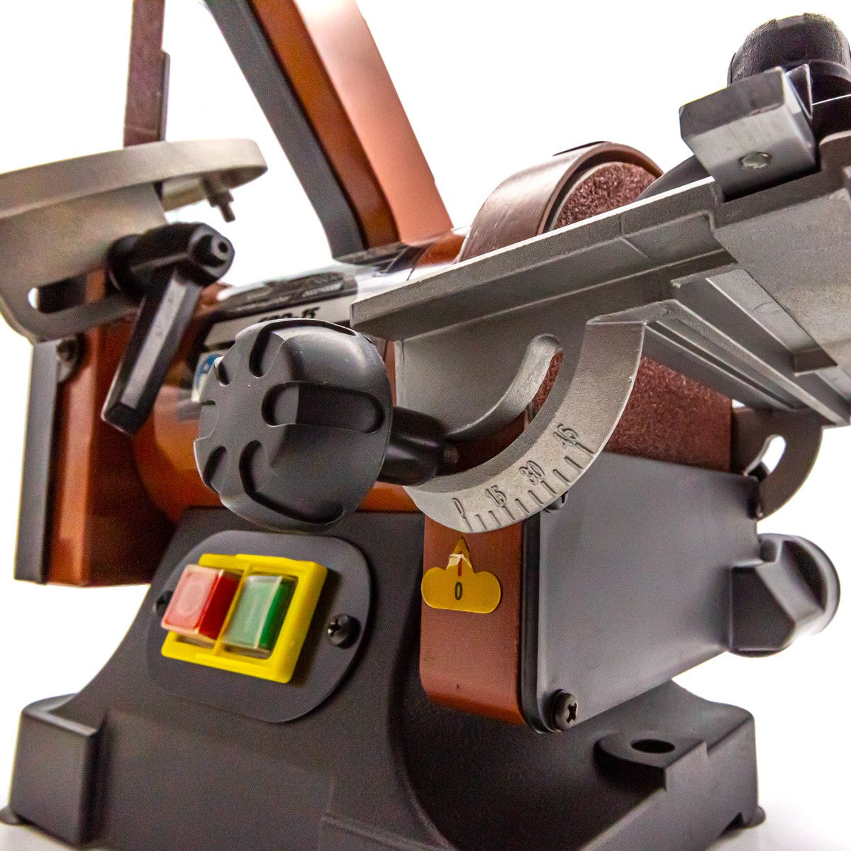 Sherwood 1 x 5in Benchtop Vertical Belt and Disc Sander Linisher 250W in action with wood piece