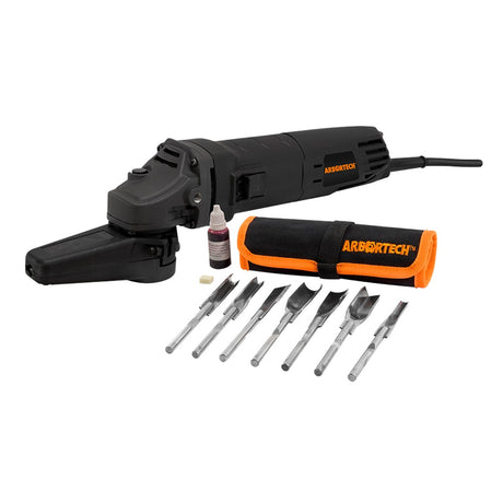 Arbortech Set of 7 Power Chisels for Angle Grinder Power Carving, featuring a selection of chisels in a chisel pouch