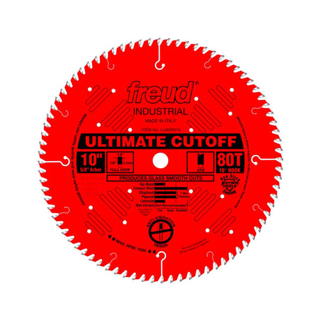 Freud Ultimate Cut Off Saw Blade 254mm Diameter 15.9mm Bore on woodworking table in action