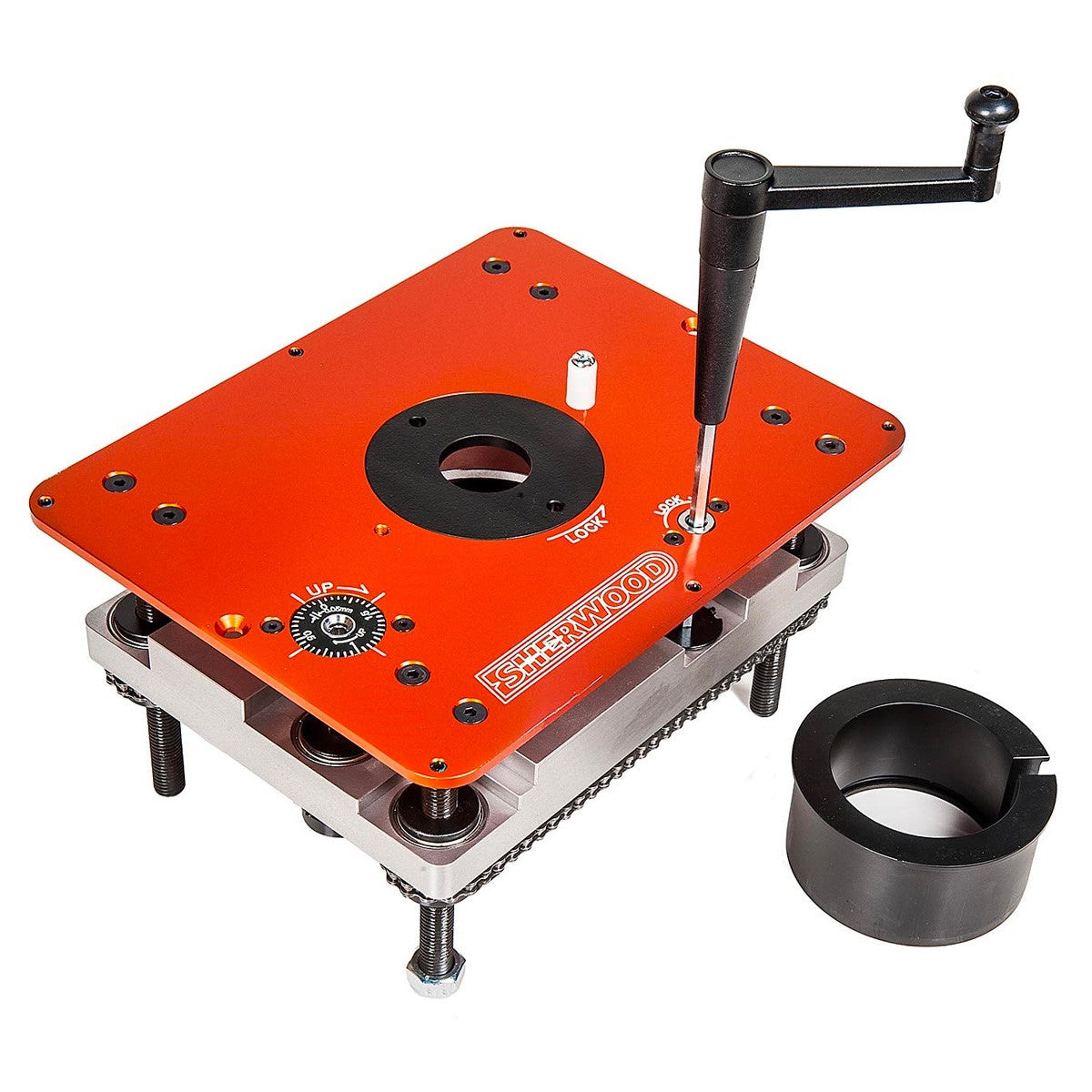 Sherwood Deluxe Benchtop Router Table with Round Body Router Motor & Lift, ideal for compact workshops and portability