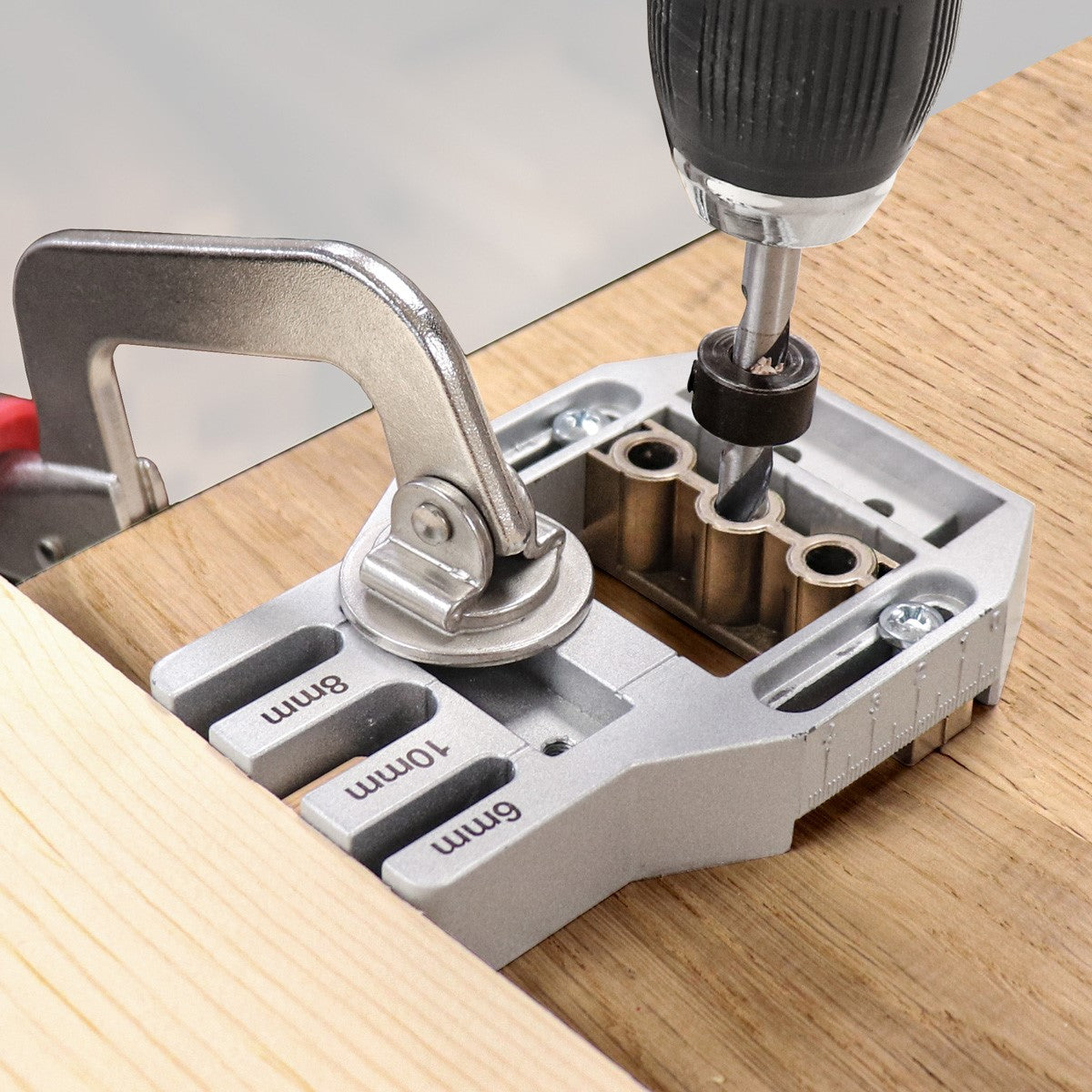 Milescraft JointMaster Dowelling Jig in use on woodwork project