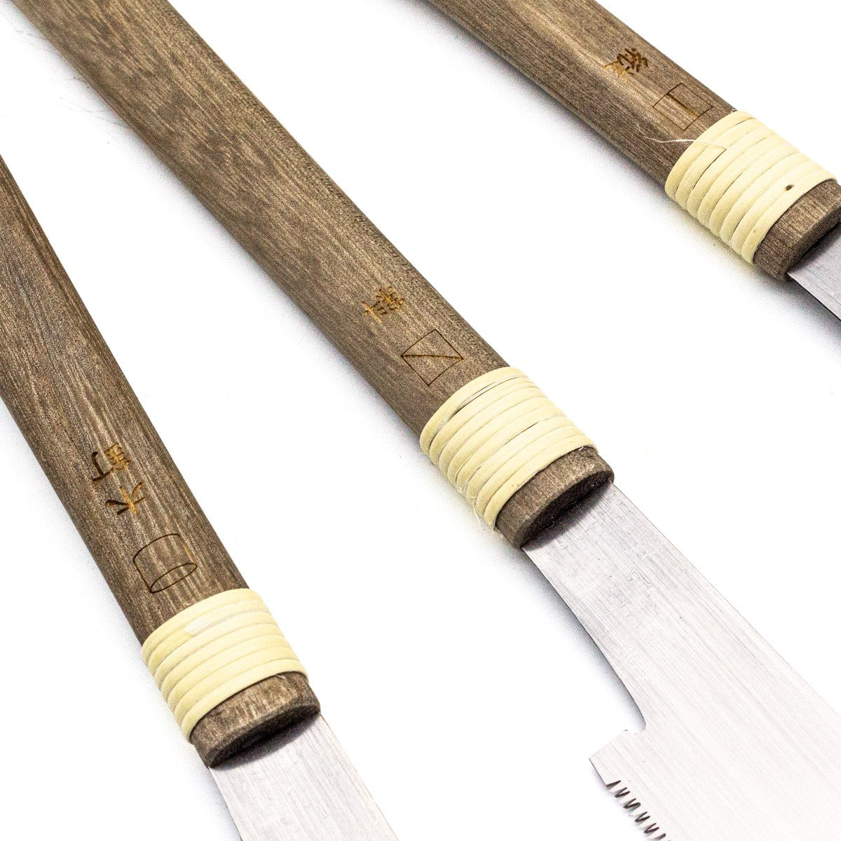 Mitsukawa Japanese Detail Saws Set of 5 in Canvas Roll, showcasing the intricate craftsmanship and sharpness