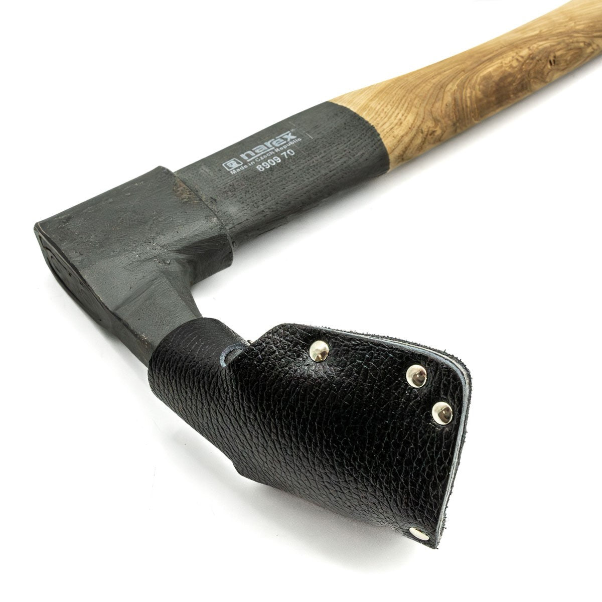 Narex Large Adze with Leather Sheath, side view showing 70mm blade width and 620mm handle