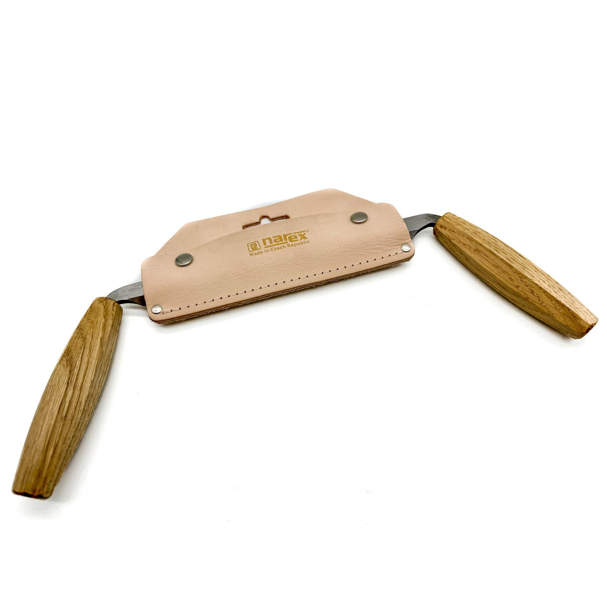 Narex 150mm Straight Drawknife with Leather Sheath and Handles at an angle