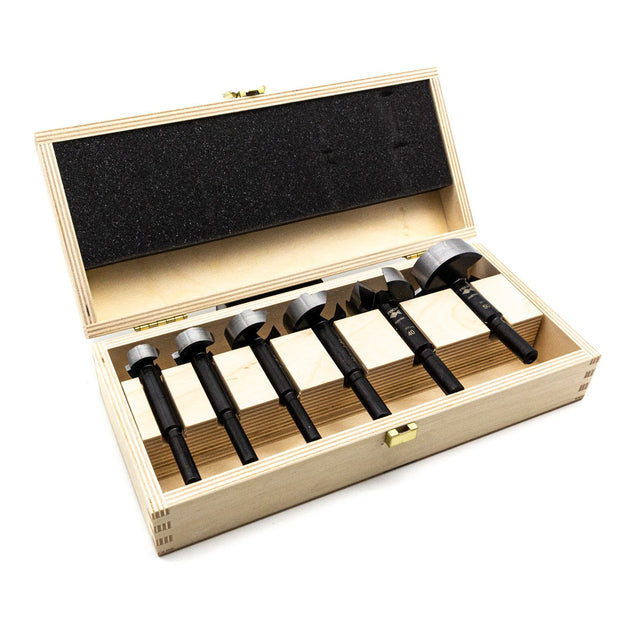 Fisch Black Shark Pro Set of 6 Forstner Bits for Hardwood Metric - Top view showing sharp cutting edges and precision design