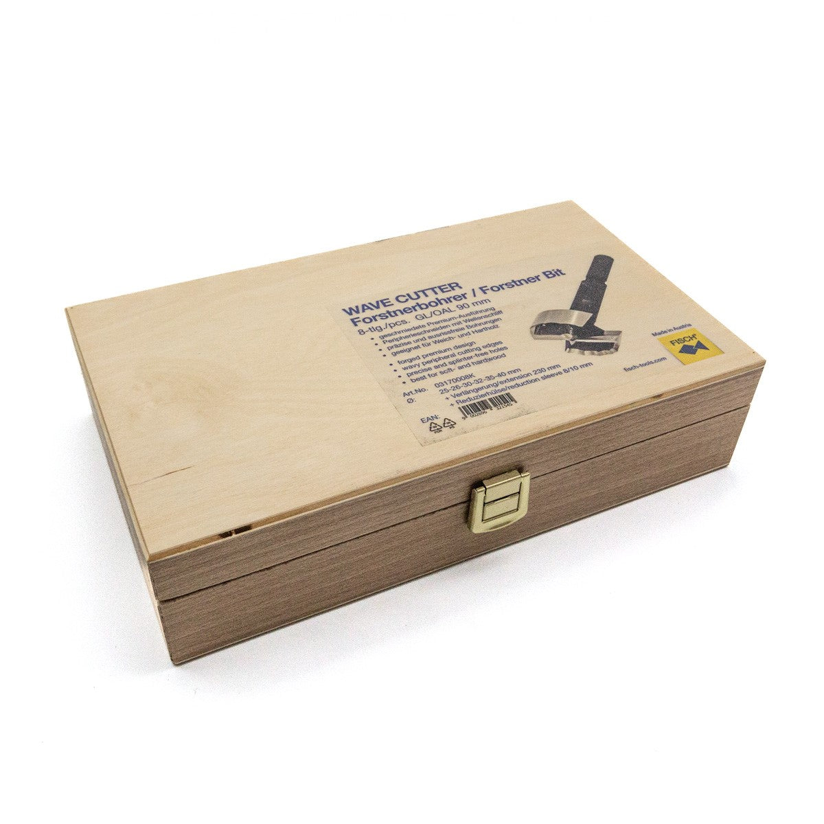 Fisch Wave Cutter Forstner Bits Set of 6 Metric with Extension Bar & Sleeve, showcasing the unique wavey peripheral cutting-edge