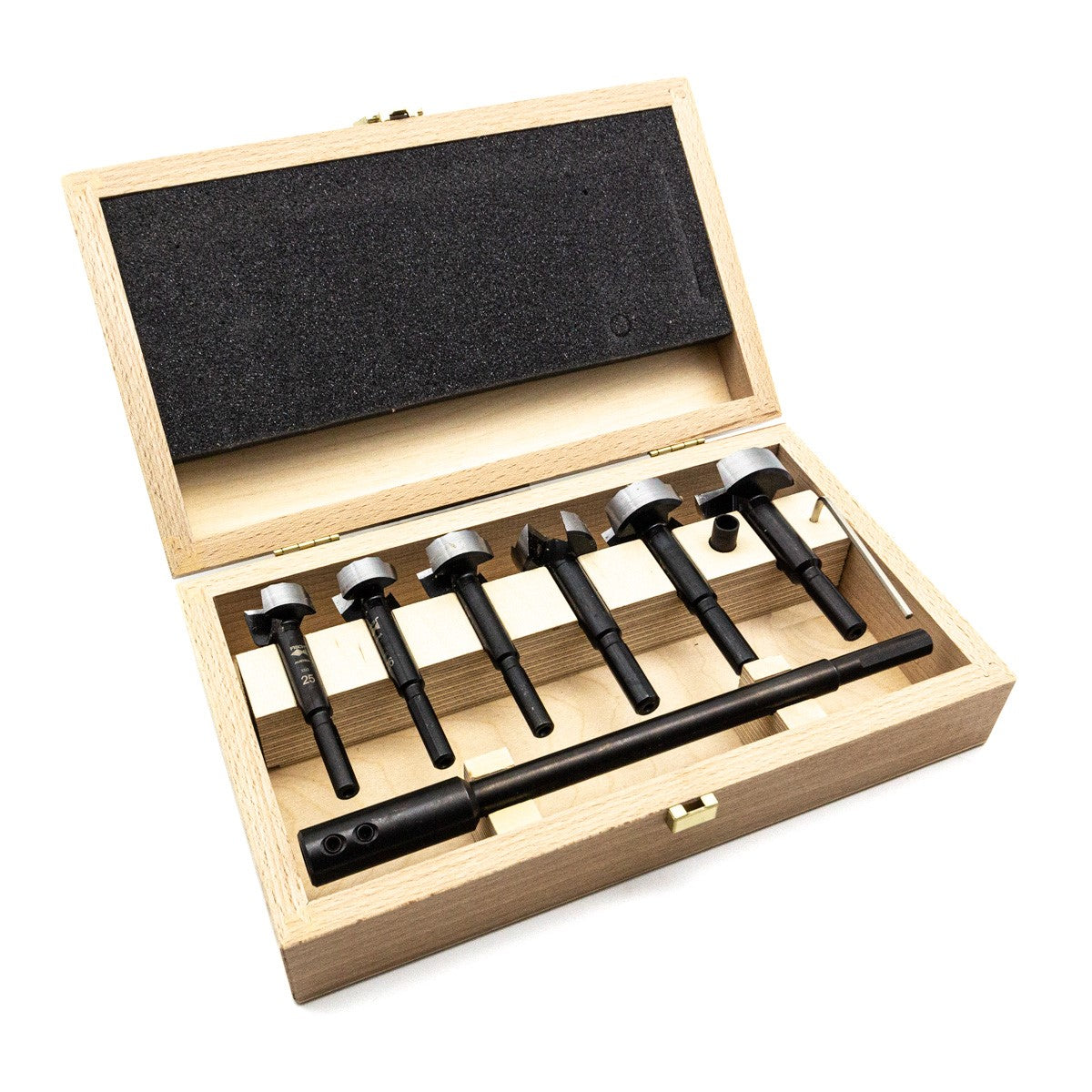 Fisch Wave Cutter Forstner Bits Set of 6 Metric with Extension Bar & Sleeve, showing detailed view of the wavey peripheral cutting-edge