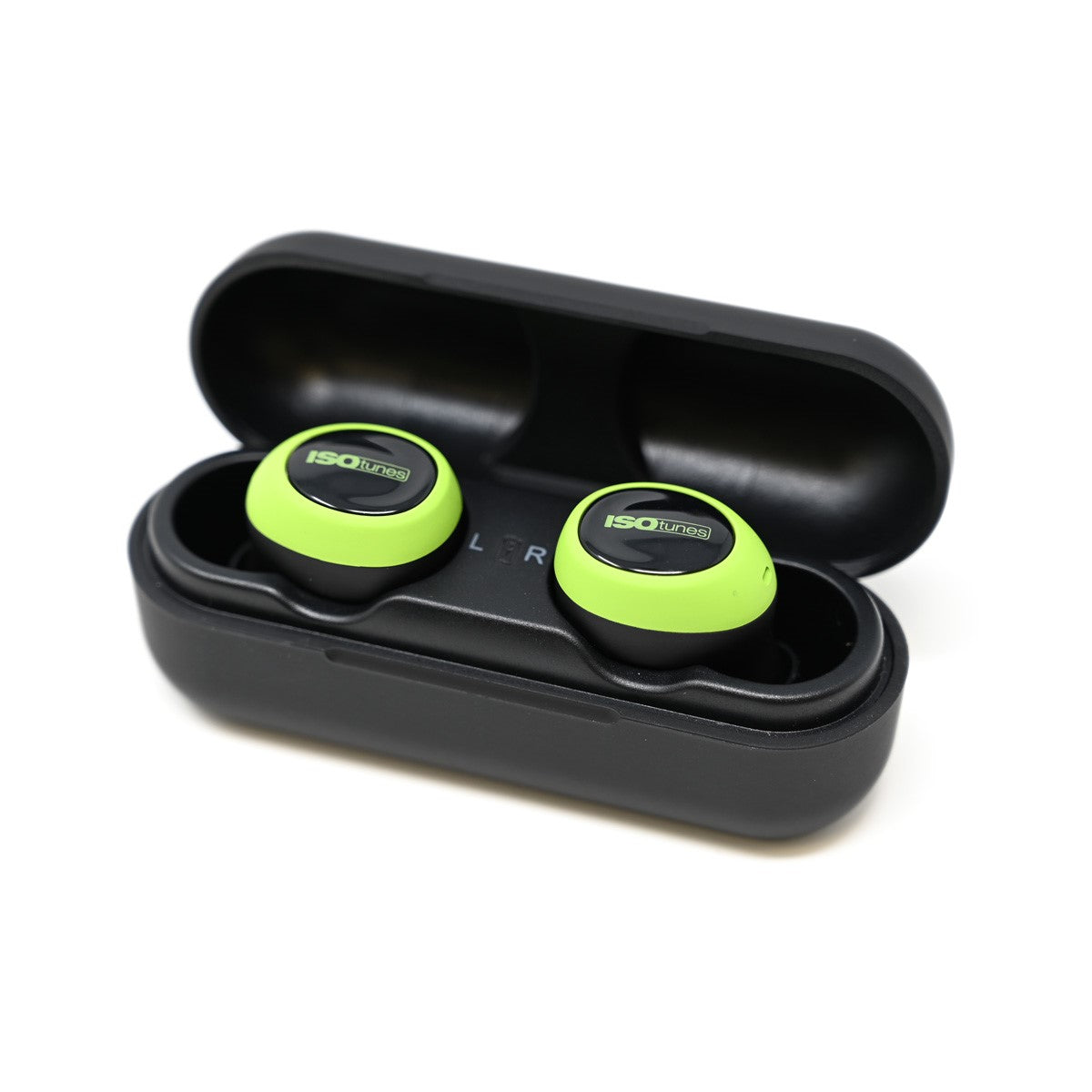 ISOtunes FREE 2.0 Wireless Bluetooth Earbuds in Safety Green - angled view showing ergonomic design