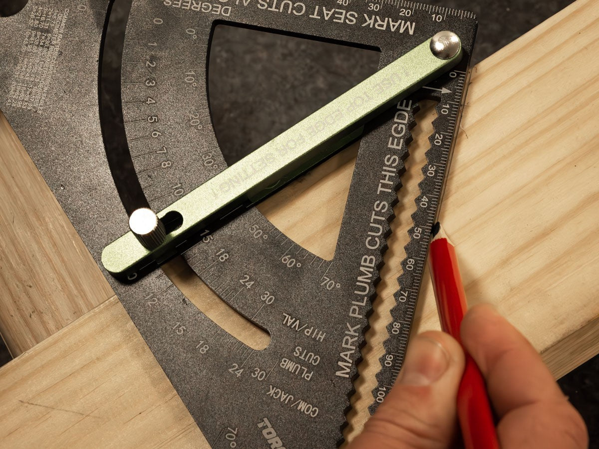 Torquata Aluminium Rafter Square with Adjustable Fence 195mm in use for precise rafter layout