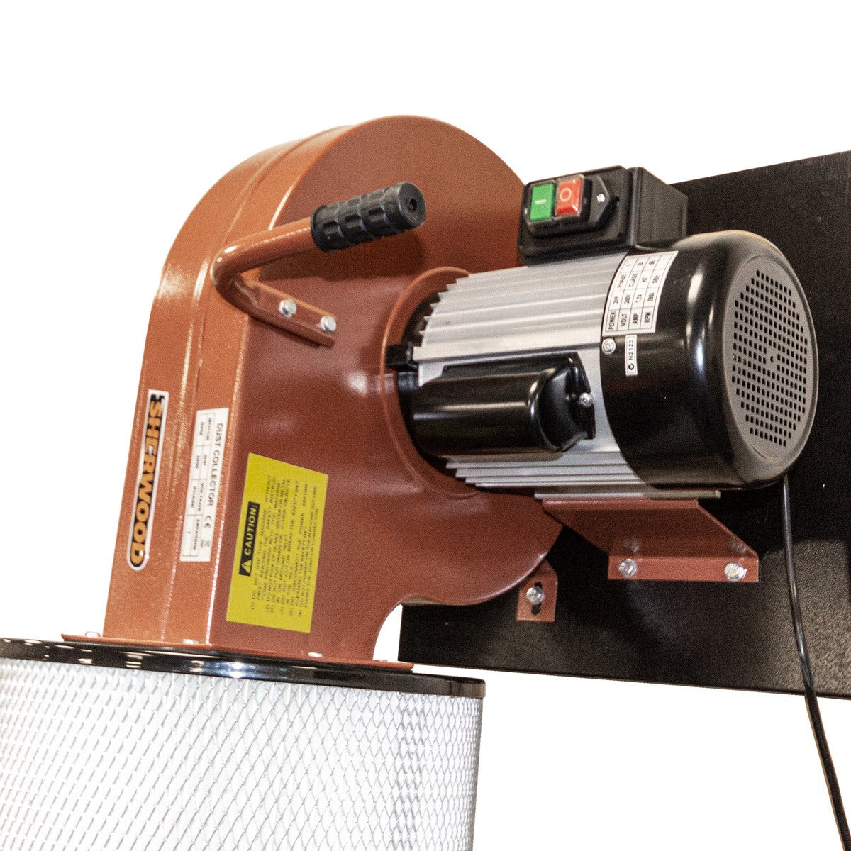Sherwood 2HP Dust Extractor mounted on wall for compact dust collection in small workshops